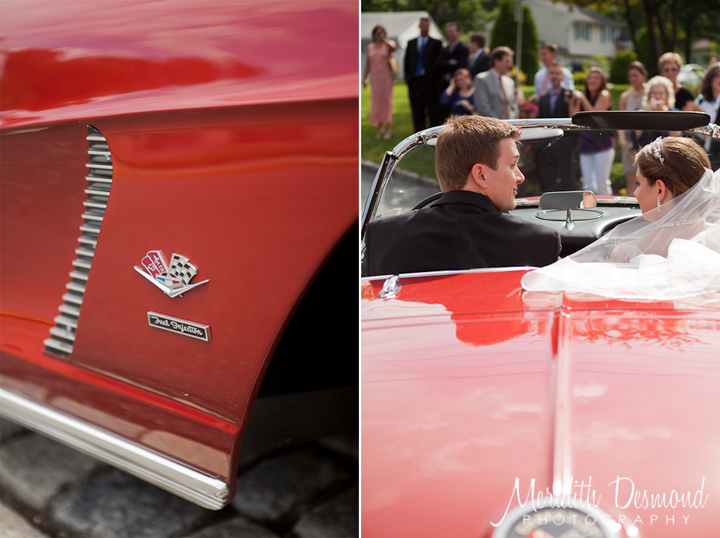 Bride and Groom leaving the ceremony in a Red Corvette