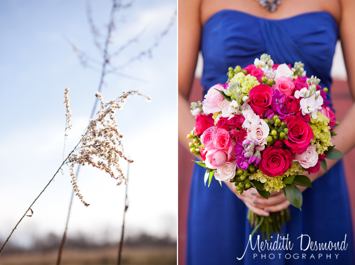 Colorful bouquet on blue dress