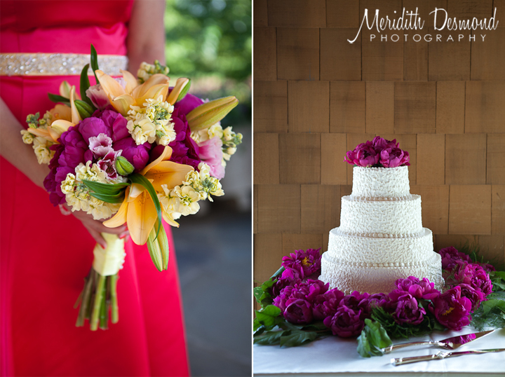 Magenta Peonie bouquet and wedding cake decorations