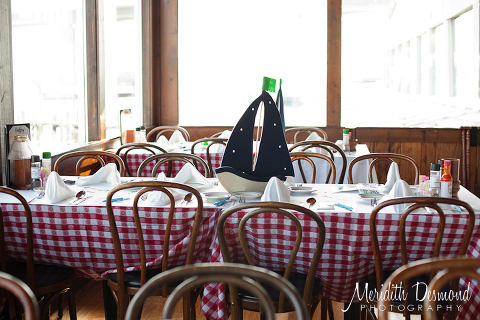 Sail Boat Centerpieces on Checkered tablecloth