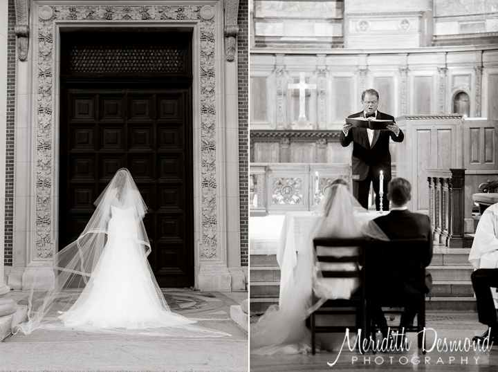 Bride in Cathedral Veil outside church door